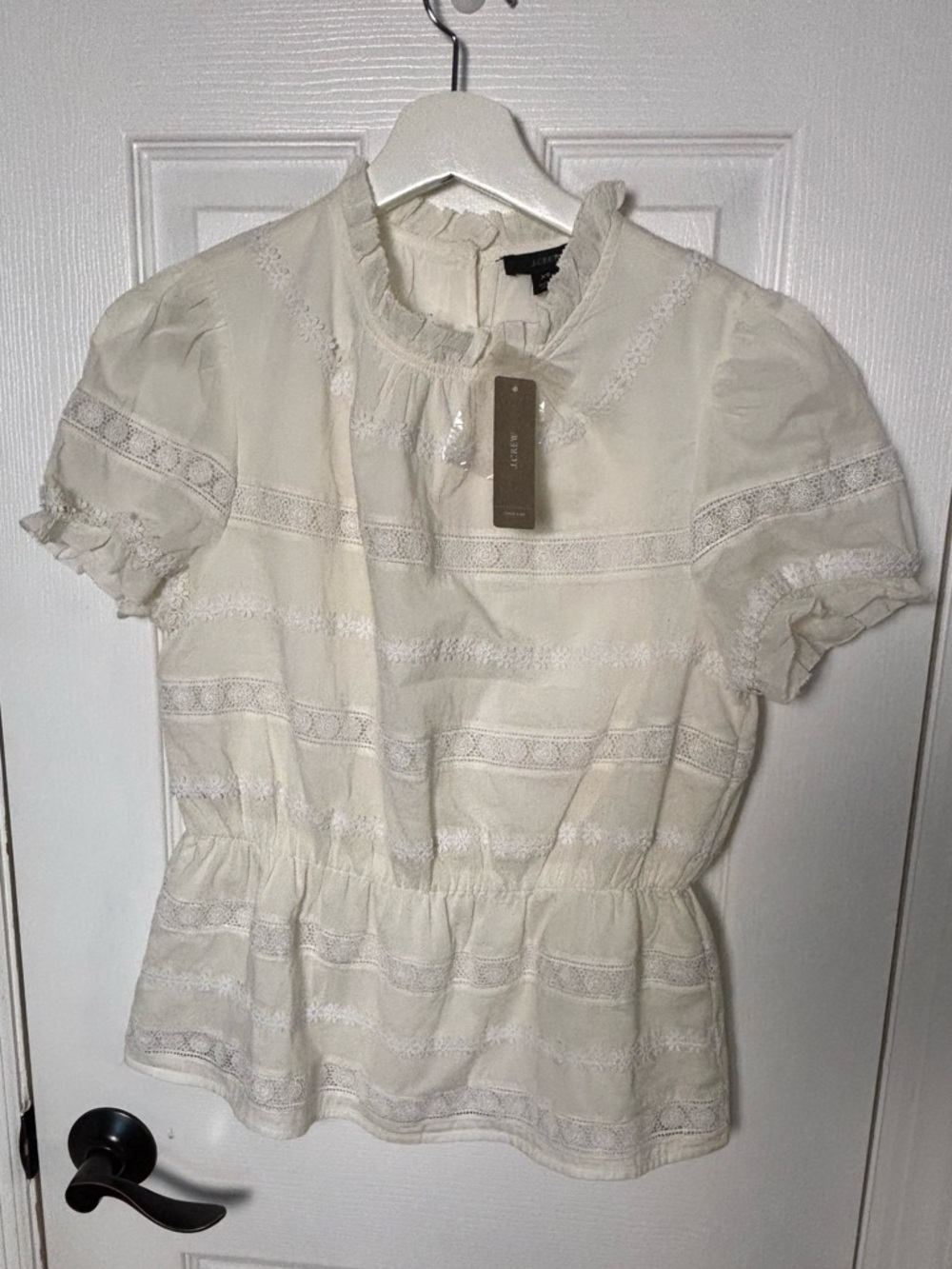 NWT J. Crew Cream Lace-Trim Short Sleeve Peplum Blouse 100% Cotton